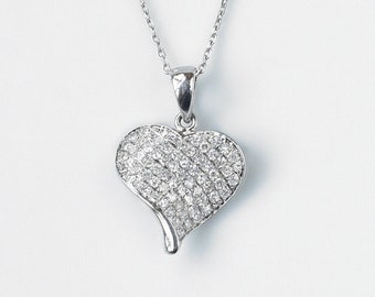 14k Solid White Gold Diamond Heart Pendant Necklace