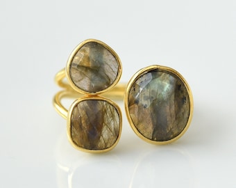 925 Silver Vermeil Labradorite triple stone rings