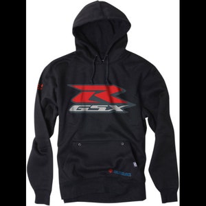 May include: Black hooded sweatshirt with a large red and silver "GSX-R" logo on the front.