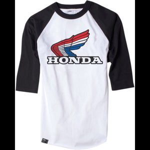 new factory effex vintage honda men&#39;s baseball t-shirt - white/black/red/blue - raglan 3/4 sleeve/crewneck - atv/utv/dirtbike/motorcycle