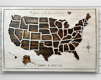 Push Pin Map of the United States - Customized Text US Map to Mark Travels - Personalized Saying - Travel Log-Wood Wall Art- Reception Decor