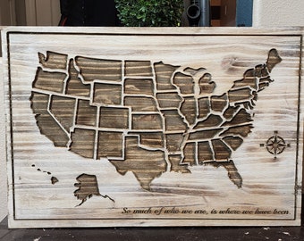 Push Pin Map of the United States - Customized Text US Map to Mark Travels - Personalized Saying - Travel Log-Wood Wall Art- Reception Decor