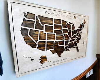 Push Pin Map of the United States - Customized Text US Map to Mark Travels - Personalized Saying - Travel Log-Wood Wall Art- Reception Decor