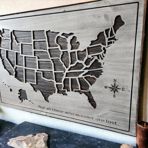 Wooden map of the United States, Push Pin Map Family Vacation, Home Wall Decor, Wood Map US, United States Map, carved American Map zdjęcie 1