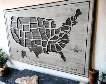 Wooden map of the United States, Push Pin Map Family Vacation, Home Wall Decor, Wood Map US, United States Map, carved American Map