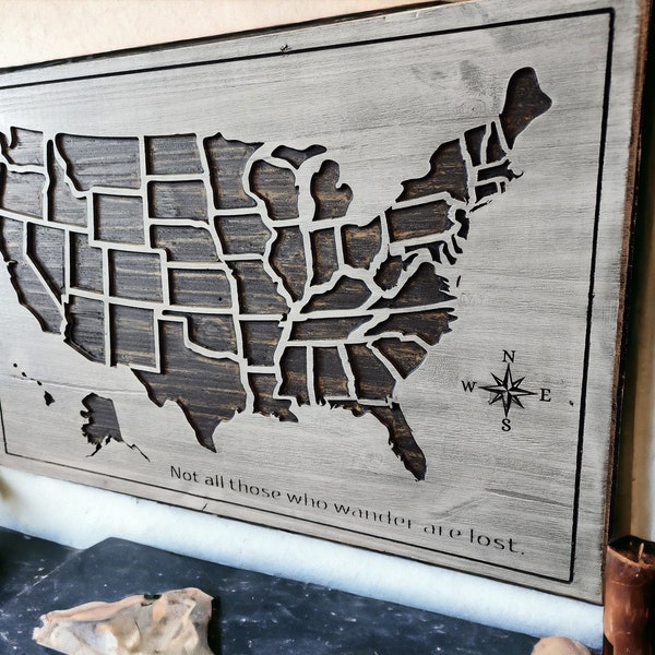 Wooden map of the United States, Push Pin Map Family Vacation, Home Wall Decor, Wood Map US, United States Map, carved American Map