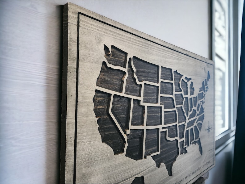 Wooden map of the United States, Push Pin Map Family Vacation, Home Wall Decor, Wood Map US, United States Map, carved American Map Bild 3