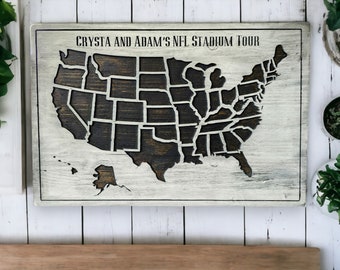 Handcrafted Wooden NFL Stadium Tracker Map - Perfect for Football Fanatics! Pin Your NFL Adventures Across the USA!