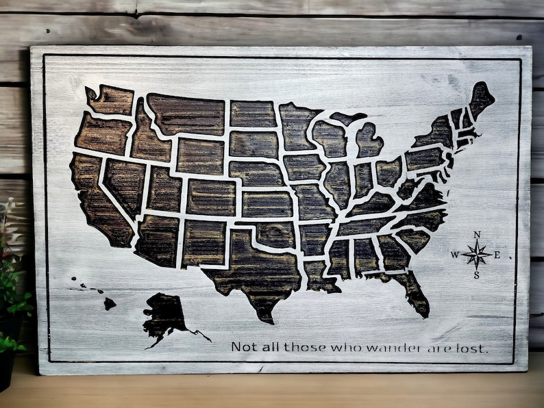 Wooden map of the United States, Push Pin Map Family Vacation, Home Wall Decor, Wood Map US, United States Map, carved American Map image 2