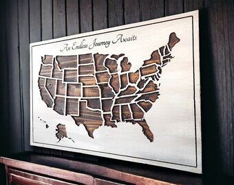 Carte de voyage personnalisée en bois gravée à la main avec punaises - Tracker d'aventure personnalisé - Décoration murale en bois massif, Décoration de bureau à domicile unique