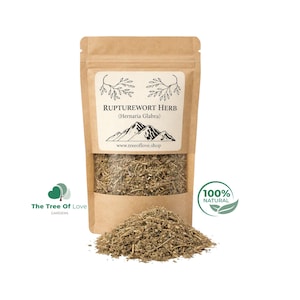 May include: A brown paper pouch containing dried Rupturewort herb, labeled Hernaria Glabra, with a mountain graphic and the text www.treeoflove.shop. A pile of the loose, dried green and brown plant material sits in front of the pouch.