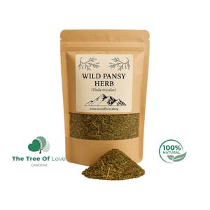 May include: A brown kraft paper pouch containing dried Wild Pansy Herb (Viola tricolor). The label features a mountain graphic and the website www.treeoflove.shop. A small pile of the green herbal product sits in front of the sealed stand-up bag.