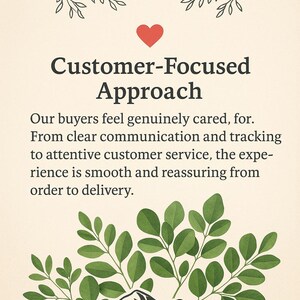 The image is a poster with a customer-focused approach. It features a mountain landscape with green leaves and a red heart symbol. The text on the poster emphasizes the importance of clear communication and tracking to attentive customer service, which results in a smooth and reassuring delivery process.
