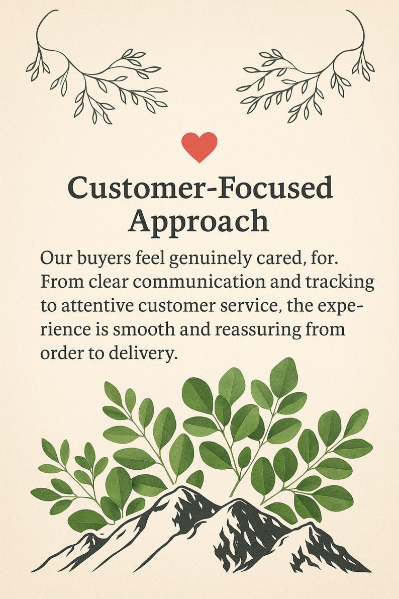 The image is a poster with a customer-focused approach. It features a mountain landscape with green leaves and a red heart symbol. The text on the poster emphasizes the importance of clear communication and tracking to attentive customer service, which results in a smooth and reassuring delivery process.