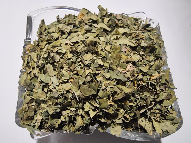 May include: A clear, square glass bowl filled with a large quantity of dried, crushed green leaves. The leaves are small, brittle, and vary in shades of olive and sage green, with some thin, light brown stems mixed throughout the pile.