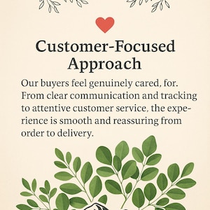 The image is a poster with a customer-focused approach. It features a mountain landscape with green leaves and a red heart symbol. The text on the poster emphasizes the importance of clear communication and tracking to attentive customer service, which results in a smooth and reassuring delivery process.