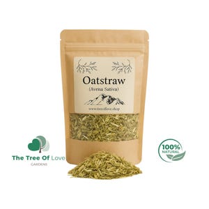 May include: A brown kraft paper pouch containing dried oatstraw, labeled Oatstraw (Avena Sativa) with a mountain graphic and website address. A small pile of the light green, fibrous plant material sits in front of the clear window of the bag.