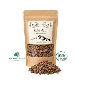 Könnte beinhalten: Ein brauner Papierbeutel gefüllt mit kleinen, dunkelbraunen, unregelmäßigen Stücken von Kolanüssen. Das Etikett zeigt den Text Kola Nuts, Cola Acuminata, eine Berggrafik und die Website www.treeoflove.shop. Ein Haufen Nüsse liegt davor.