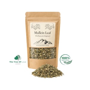 Pode incluir: Uma bolsa de papel kraft castanho contendo folha de verbasco seca, rotulada como Mullein Leaf (Verbascem thapsus) com um gráfico de montanha e o site www.treeoflove.shop. Um monte de folhas secas verdes e castanhas está à frente da bolsa.