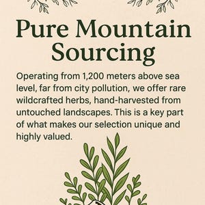 The image is a poster or sign that promotes the use of pure mountain herbs for sourcing. It features a mountain landscape with a plant growing on top, and the text provides information about the sourcing process.