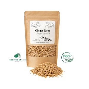 May include: A brown kraft paper pouch containing dried ginger root pieces. The white label features the text Ginger Root (Zingiber officinale), a mountain illustration, and the website www.treeoflove.shop. A pile of ginger root sits in front.
