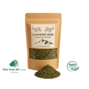 May include: A brown kraft paper stand-up pouch containing dried green Lungwort herb, Pulmonaria officinalis. The label features a mountain graphic, text, and leaf illustrations. A small pile of the loose dried herb sits in front of the pouch.