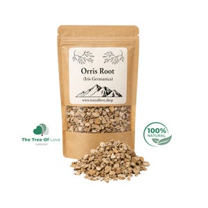 May include: A brown paper pouch containing Orris Root (Iris Germanica) with a clear window showing the tan, dried root pieces. The label features a mountain graphic and the text Orris Root (Iris Germanica) and www.treeoflove.shop.