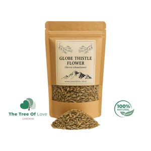 Può includere: Una busta in carta marrone contenente semi di fiore di cardo pallottola essiccati, etichettata con il testo Globe Thistle Flower, Stevia rebaudiana e un grafico di montagna. Un piccolo mucchio di semi allungati color beige si trova davanti alla busta.