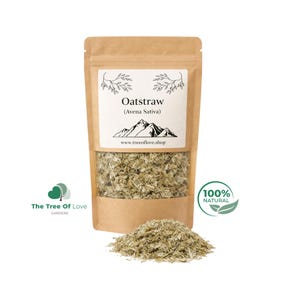 May include: A brown kraft paper pouch containing dried oatstraw, labelled with the text Oatstraw (Avena Sativa) and www.treeoflove.shop, featuring a mountain graphic and a clear window showing the light green and tan plant material inside.