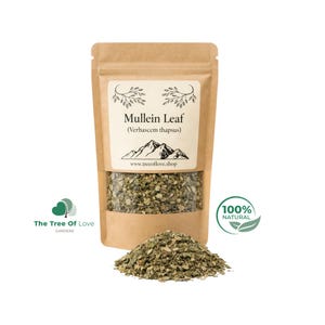 May include: A brown kraft paper pouch containing dried mullein leaf, labelled with the text Mullein Leaf (Verbascem thapsus) and www.treeoflove.shop, featuring a clear window showing the green herbal contents and a pile of the dried leaves.