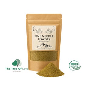 May include: A brown kraft paper stand-up pouch containing green pine needle powder. The label reads PINE NEEDLE POWDER (Pinus sylvestris) with a mountain graphic and website address. A small pile of the fine green powder sits in front of the pouch.