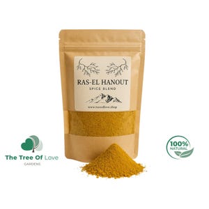 May include: A brown paper stand-up pouch containing a yellow spice blend labeled Ras-El Hanout Spice Blend with a mountain graphic and the website www.treeoflove.shop. A small pile of the yellow spice powder sits in front of the pouch.