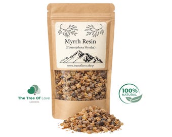 May include: A brown kraft paper pouch containing Myrrh Resin (Commiphora Myrrha) with a clear window showing the amber and dark brown resin chunks. The label features a mountain illustration and the text www.treeoflove.shop. A pile of resin sits in front.