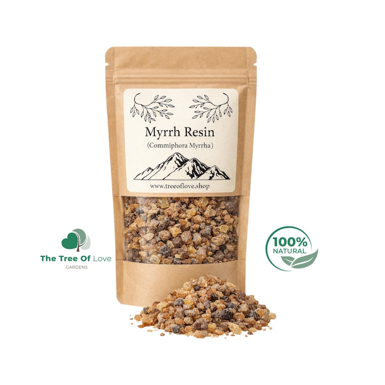 May include: A brown kraft paper pouch containing Myrrh Resin (Commiphora Myrrha) with a clear window showing the amber and dark brown resin chunks. The label features a mountain illustration and the text www.treeoflove.shop. A pile of resin sits in front.