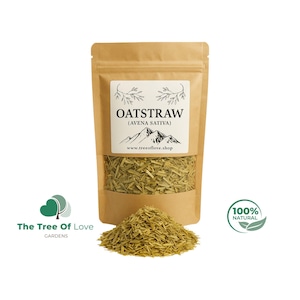 May include: A brown kraft paper stand-up pouch containing dried oatstraw, labeled OATSTRAW (AVENA SATIVA) with a mountain graphic. A small pile of the light green, fibrous oatstraw sits in front of the pouch, which features the text www.treeoflove.shop.
