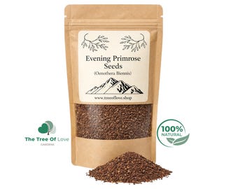 Pode incluir: Uma bolsa de papel kraft castanho contendo pequenas sementes castanho-escuras. O rótulo diz Evening Primrose Seeds (Oenothera Biennis) com um gráfico de montanha e o site www.treeoflove.shop. Um monte de sementes está à frente da bolsa.