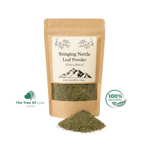 May include: A brown kraft paper pouch containing Stinging Nettle Leaf Powder, labeled with the text Stinging Nettle Leaf Powder (Urtica dioica) and a mountain graphic. A small pile of the fine, dark green powder sits in front of the pouch.