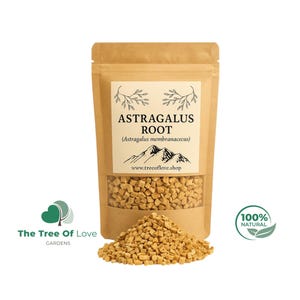 May include: A brown paper bag of Astragalus Root, with a clear section revealing the contents. The label reads "ASTRAGALUS ROOT" and its scientific name. A small pile of the root is in front of the bag. The text "100% NATURAL" is also visible.