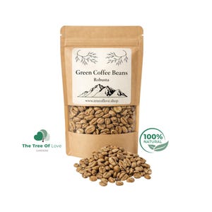 Op de afbeelding: Een bruine kraftpapieren zak gevuld met rauwe groene Robusta koffiebonen. Het etiket bevat een bergilustratie, de tekst Green Coffee Beans, Robusta en www.treeoflove.shop. Een hoopje losse groene koffiebonen ligt voor de zak.