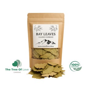 Pode incluir: Uma bolsa de papel kraft castanho cheia de folhas de louro secas. O rótulo branco apresenta o texto BAY LEAVES (LAURUS NOBILIS), um gráfico de montanha e o site www.treeoflove.shop. Um monte de folhas secas está à frente.