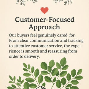 The image is a poster with a customer-focused approach. It features a mountain landscape with green leaves and a red heart symbol. The text on the poster emphasizes the importance of clear communication and tracking to attentive customer service, which results in a smooth and reassuring delivery process.