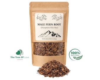 May include: A brown kraft paper pouch containing dried male fern root, labelled with the text MALE FERN ROOT (Dryopteris Filix Mas), a mountain graphic, and the website www.treeoflove.shop. A pile of the brown, textured root sits in front.