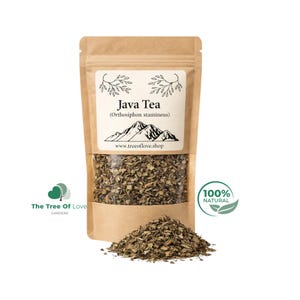 May include: A brown kraft paper pouch containing dried Java Tea (Orthosiphon stamineus) leaves. The label features a mountain illustration and the text www.treeoflove.shop. A pile of the loose, dried green herbal tea leaves sits in front of the pouch.