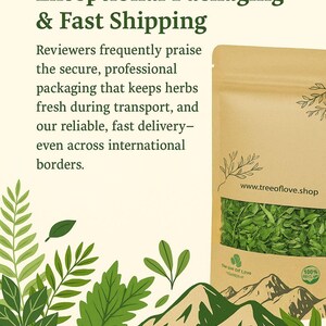 The image is an advertisement for a company called "treeoflove.shop", which specializes in packaging and fast shipping of herbs and spices. The ad features a bag of herbs and a mountain landscape with green leaves, emphasizing the company's commitment to secure, professional packaging and fast delivery.