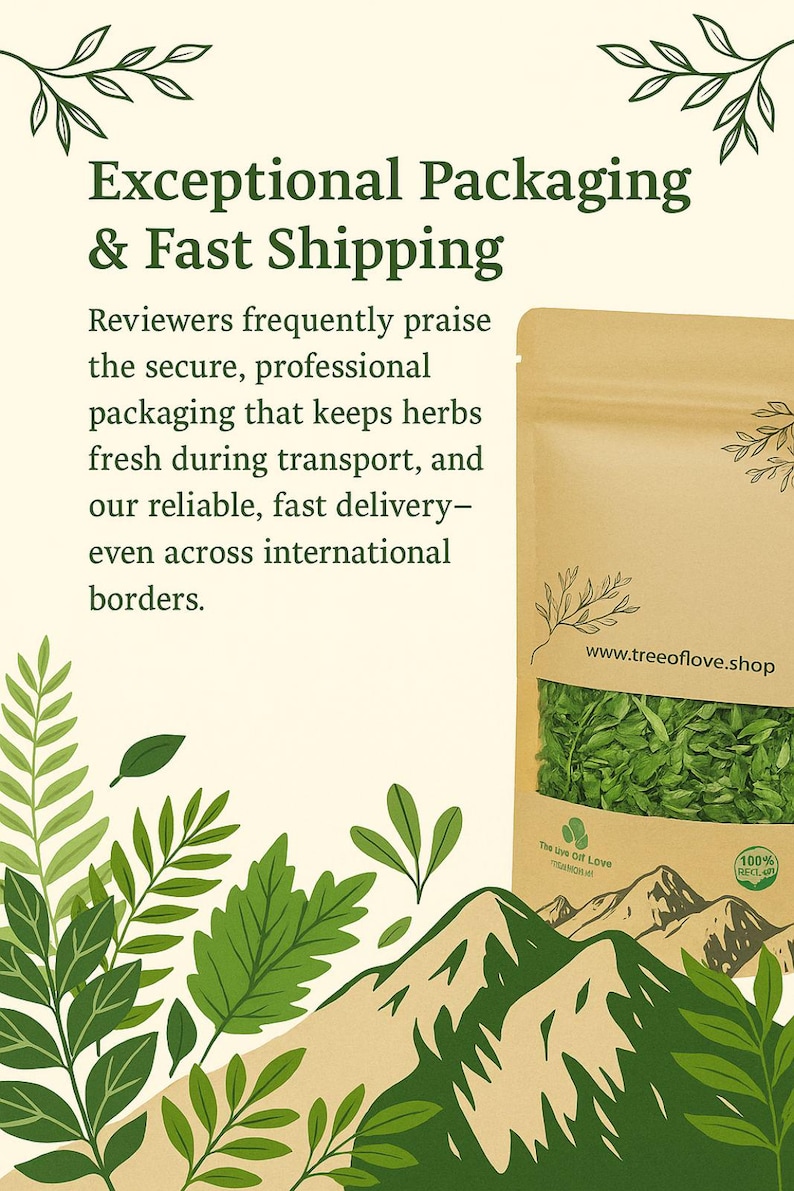 The image is an advertisement for a company called "treeoflove.shop", which specializes in packaging and fast shipping of herbs and spices. The ad features a bag of herbs and a mountain landscape with green leaves, emphasizing the company's commitment to secure, professional packaging and fast delivery.