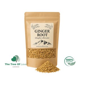 Op de afbeelding: Een bruine kraftpapieren stazak met gedroogde gemberwortelstukjes. Het etiket bevat de tekst GINGER ROOT (Zingiber officinale), een bergafbeelding en de website www.treeoflove.shop. Een hoopje gember ligt voor de zak.
