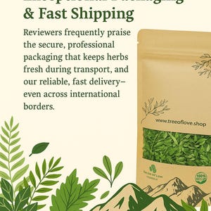 The image is an advertisement for a company called "treeoflove.shop", which specializes in packaging and fast shipping of herbs and spices. The ad features a bag of herbs and a mountain landscape with green leaves, emphasizing the company's commitment to secure, professional packaging and fast delivery.