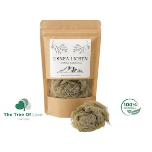 Puede incluir: Una bolsa de papel marrón con una ventana transparente que contiene liquen Usnea seco. La etiqueta blanca dice USNEA LICHEN (USNEA BARBATA) con un gráfico de montaña y el sitio web www.treeoflove.shop. Un mechón de liquen fibroso verde claro se sitúa delante.