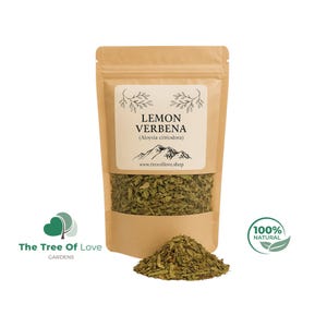 a bag of lemon verbena (Alysis citroëns) and a pile of dried lemon verbena leaves.