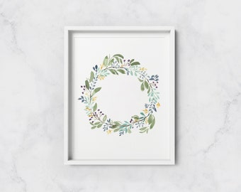 Whimsical Wreath Watercolor Print - Multiple Size Options - Botanical Wall Decor